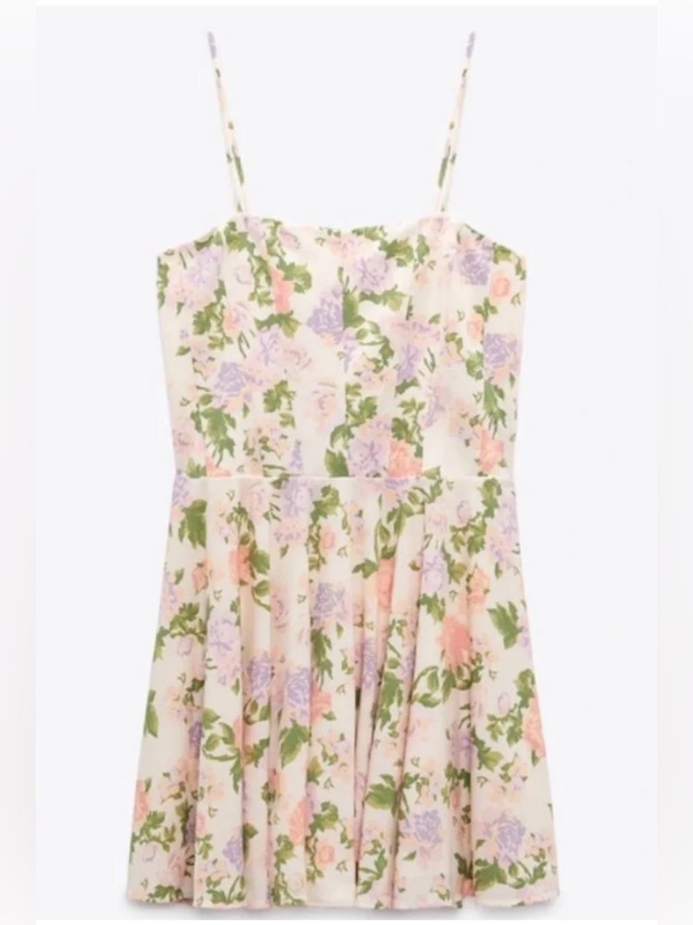 ZARA Floral Spaghetti Strap A-Line Dress - Pastel Pink & Lavender